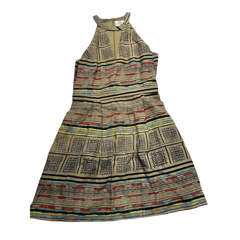 Parker Dress Womens Small Beige Multicolor Halter Sleeveless‎ Boho Geometric